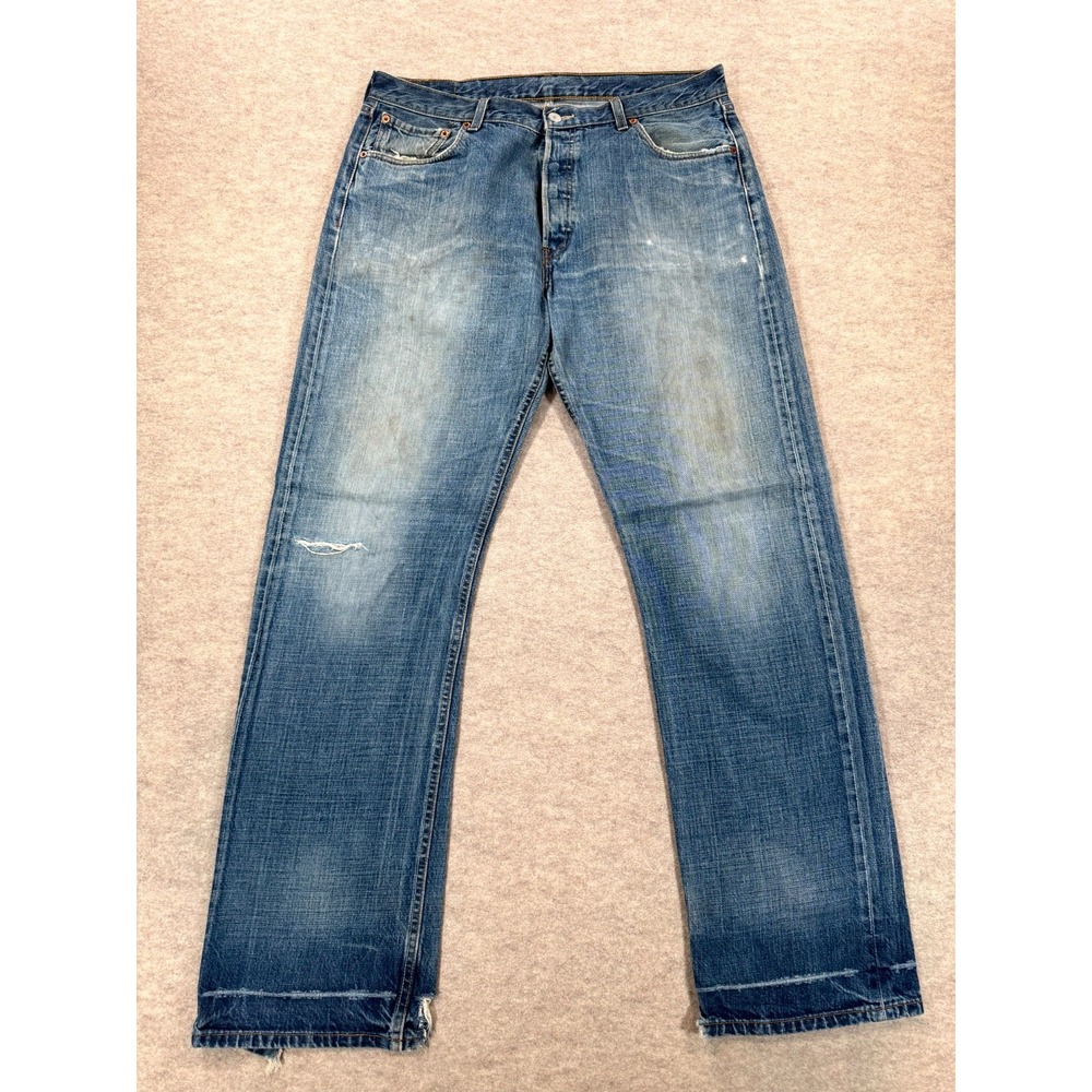 Levis 501 Authentic Jeans Mens 36x34 Blue Denim Cotton Straight Leg Distressed